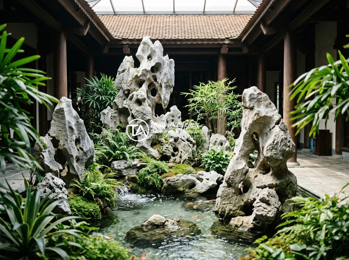 Phong thủy giếng trời: Những điều đại kỵ cần tránh để không hao tài - Hình 9 Phong thủy giếng trời: Những điều đại kỵ cần tránh để không hao tài - Harmonious color palette and natural stone materials used in Feng Shui compliant