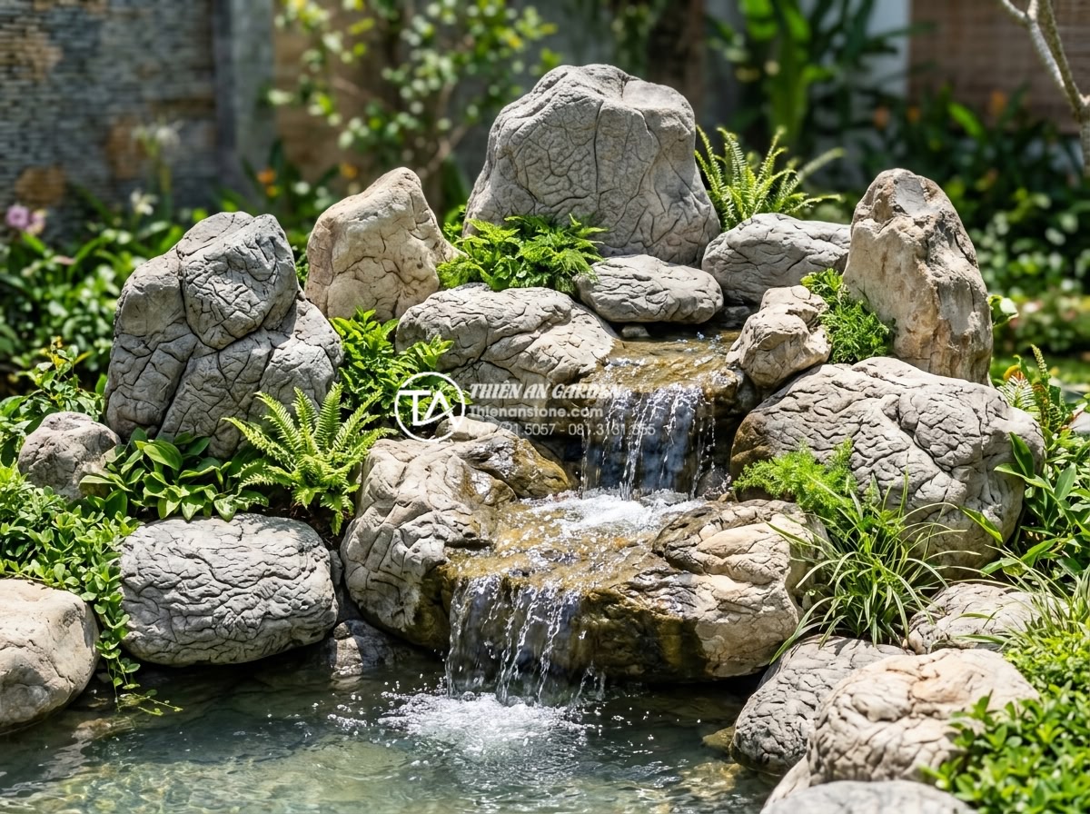 Quy trình 7 bước bảo dưỡng tiểu cảnh đá sân sau luôn sạch bóng - High-resolution realistic photograph of a pristine natural stone backyard rock g