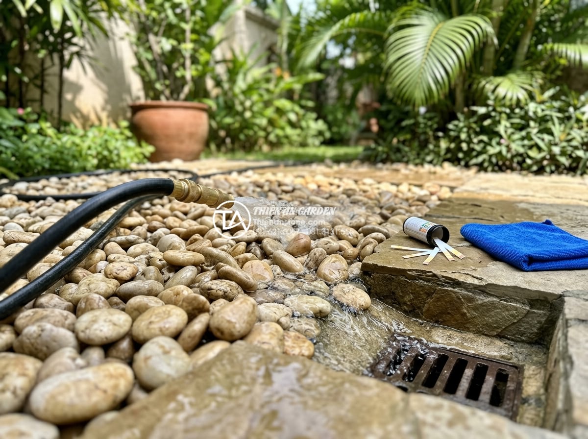 Quy trình 7 bước bảo dưỡng tiểu cảnh đá sân sau luôn sạch bóng - Thorough rinsing and pH neutralization process of natural stone rock garden afte