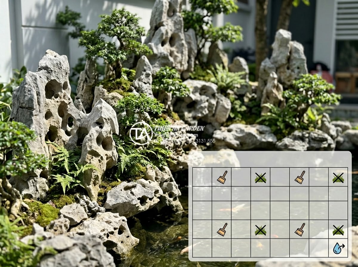 Quy trình 7 bước bảo dưỡng tiểu cảnh đá sân sau luôn sạch bóng - Long-term maintenance schedule calendar for natural stone backyard rock garden i