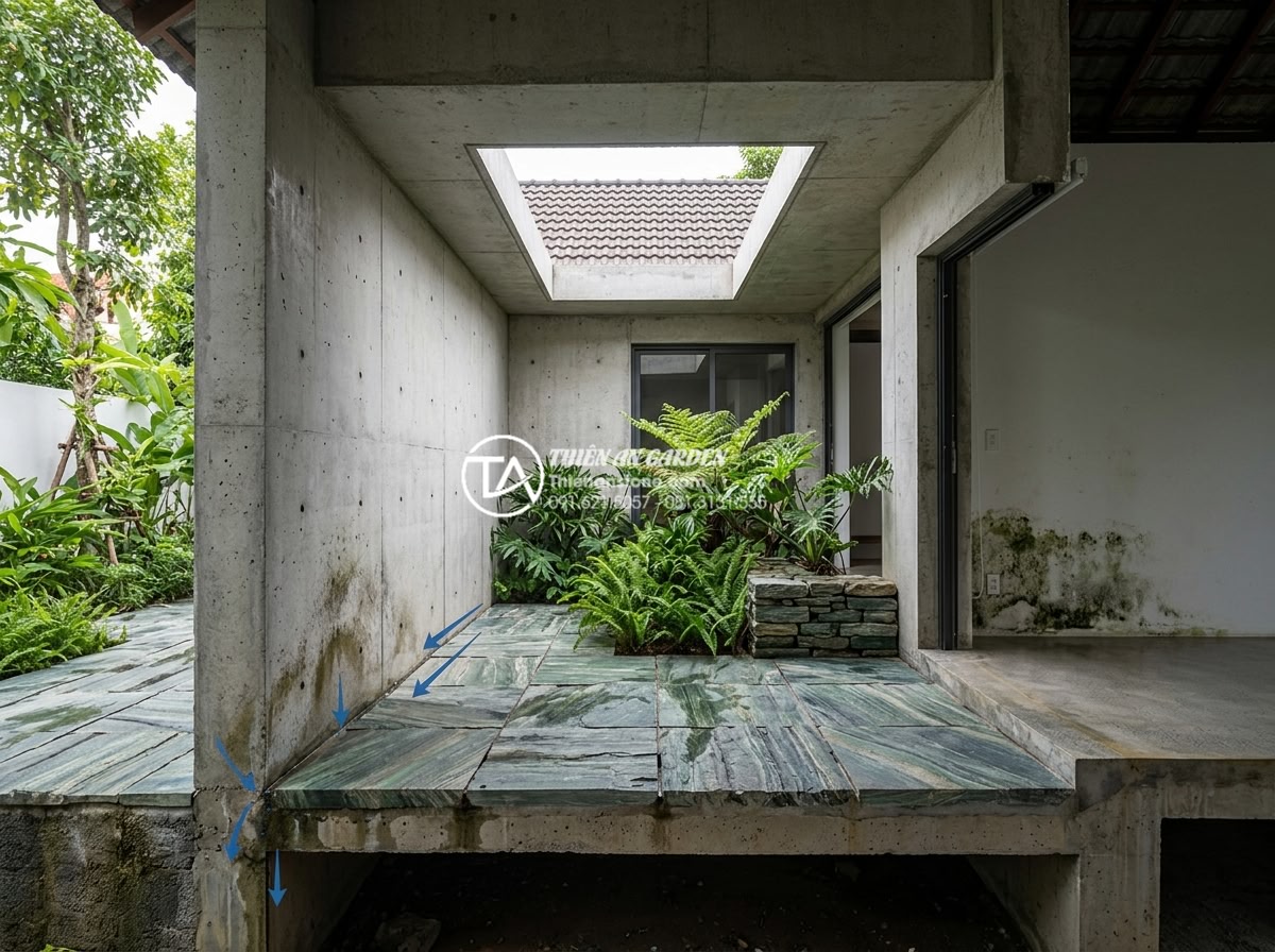 Quy trình chống thấm giếng trời triệt để tránh ẩm mốc tường - Detailed cross-section diagram of a skylight courtyard in a Vietnamese villa gar