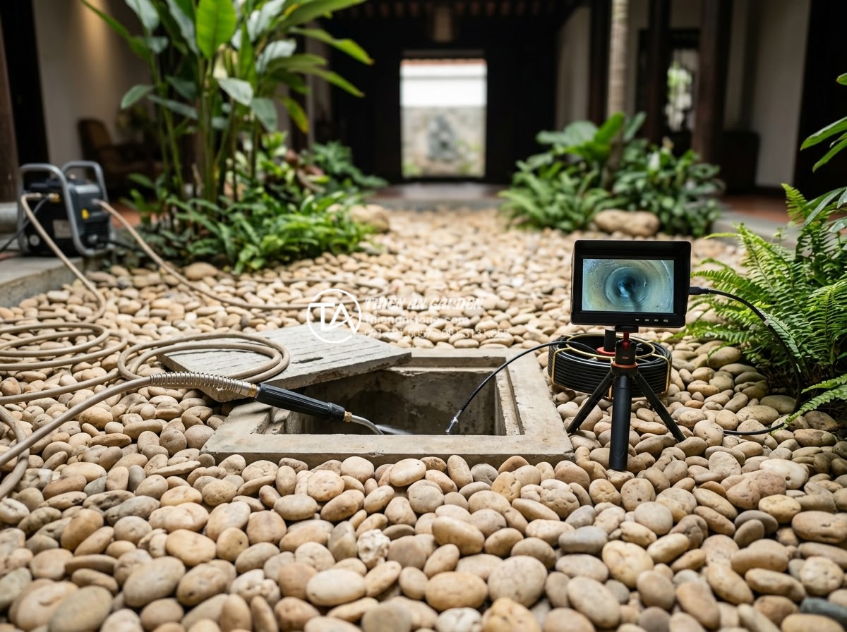 Quy trình chống thấm giếng trời triệt để tránh ẩm mốc tường - Inspection and cleaning of underground drainage system in a skylight garden with