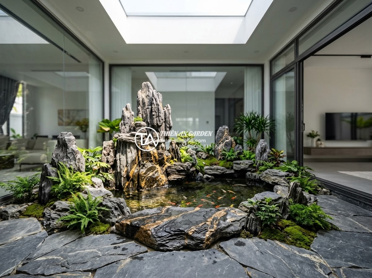 Quy trình chống thấm giếng trời triệt để tránh ẩm mốc tường - Stunning skylight courtyard garden featuring premium natural stone paving, rocke