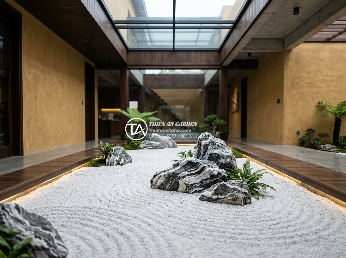 Quy trình chống thấm giếng trời triệt để tránh ẩm mốc tường - Artistic Japanese-inspired dry garden skylight design with white gravel, careful