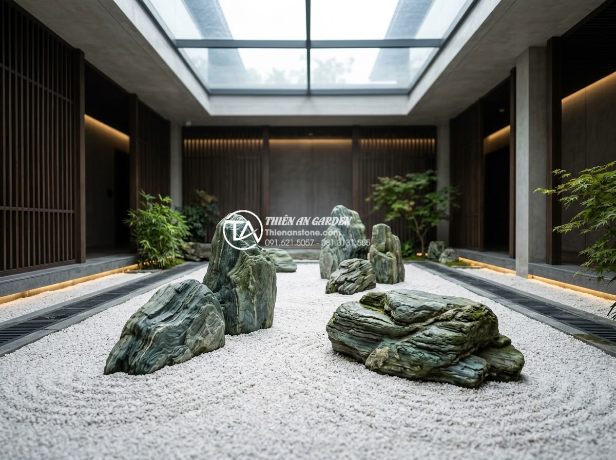 Quy trình chống thấm giếng trời triệt để tránh ẩm mốc tường - Zen dry garden skylight courtyard with white gravel, natural stones and subtle l