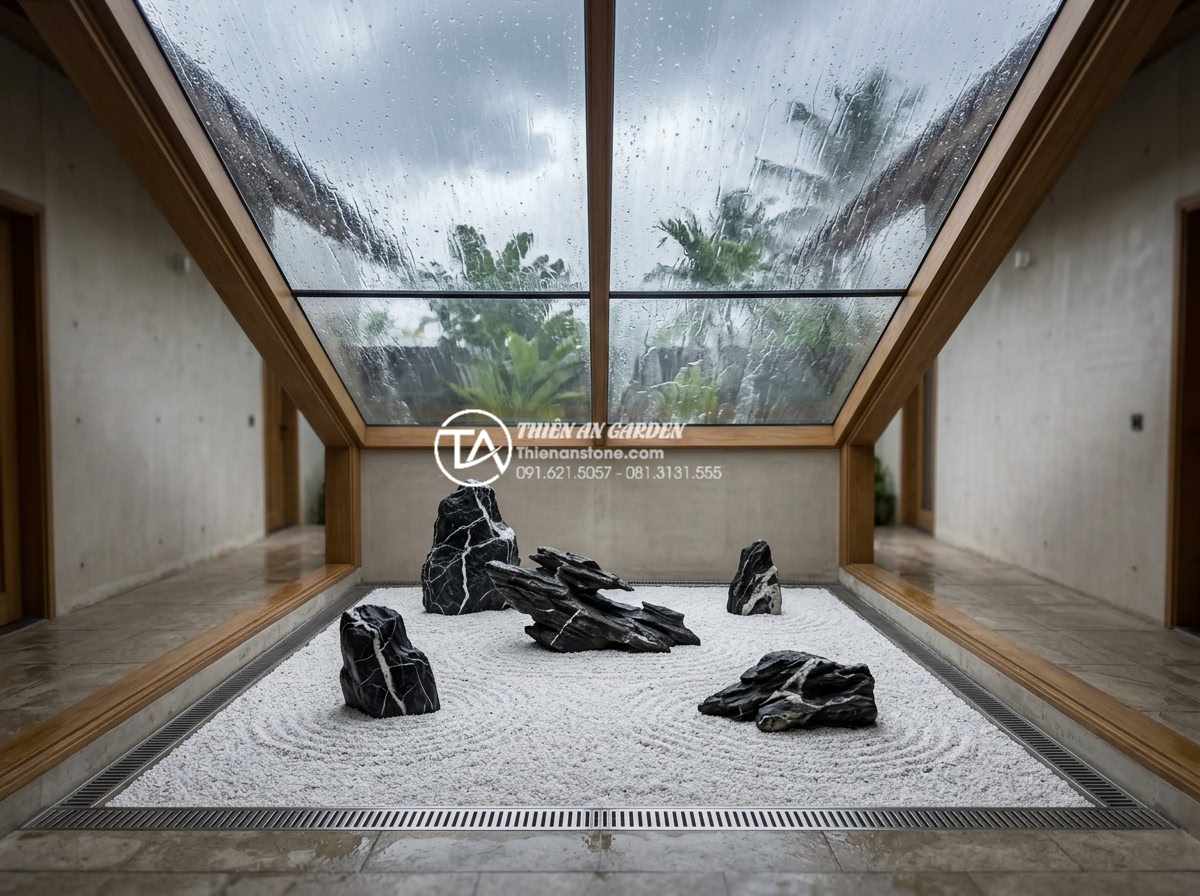 Quy trình chống thấm giếng trời triệt để tránh ẩm mốc tường - Detailed view of waterproofed Japanese dry garden elements in a skylight: white 
