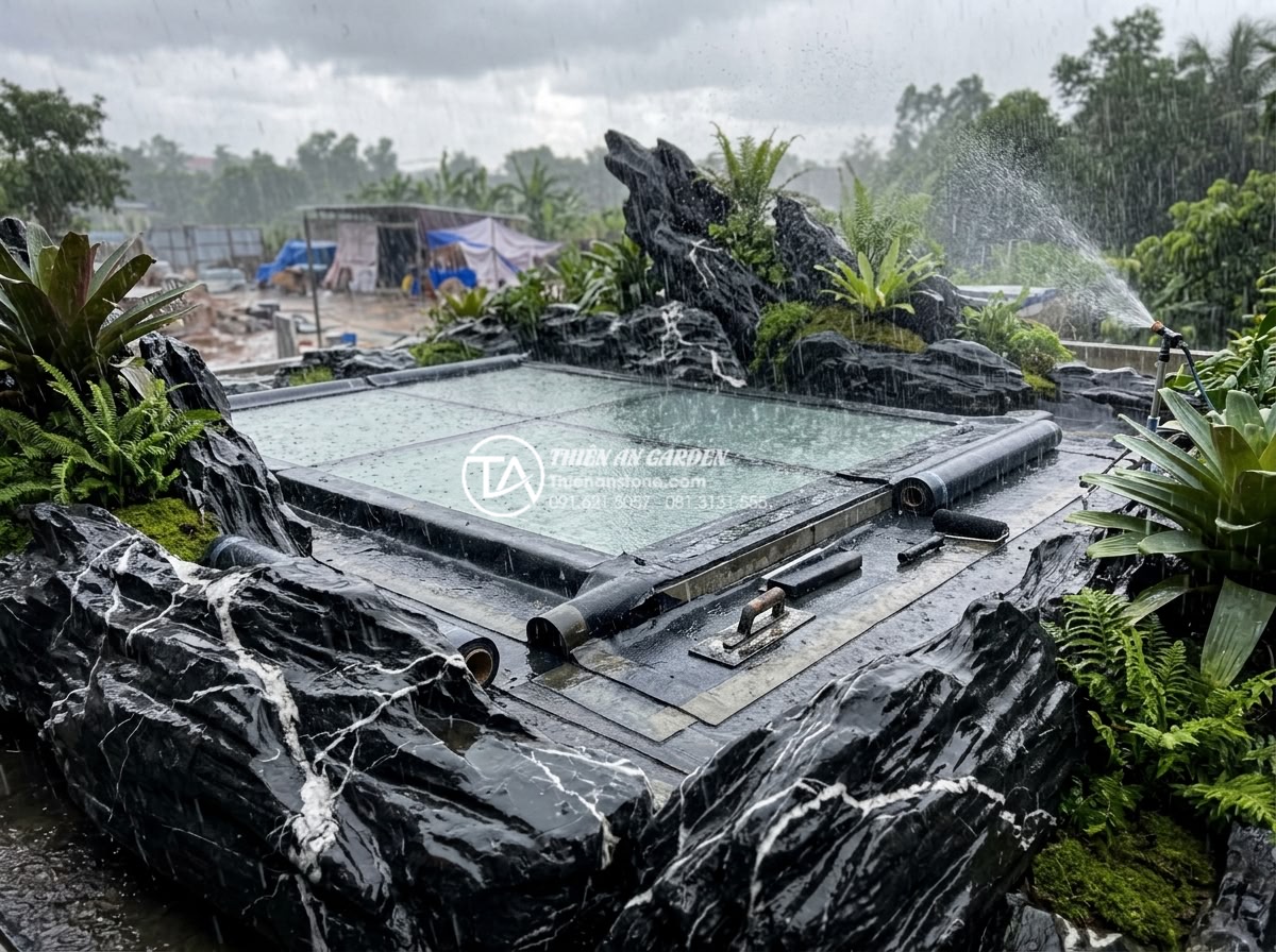 Quy trình chống thấm giếng trời triệt để tránh ẩm mốc tường - Professional construction team from Thien An Stone applying multi-layer waterpro
