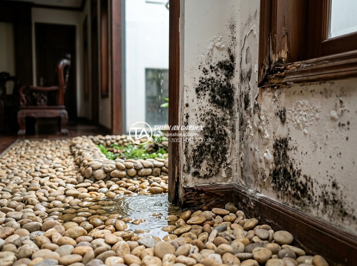 Quy trình chống thấm giếng trời triệt để tránh ẩm mốc tường - Close-up of severe black mold growth on interior walls adjacent to a leaking sky
