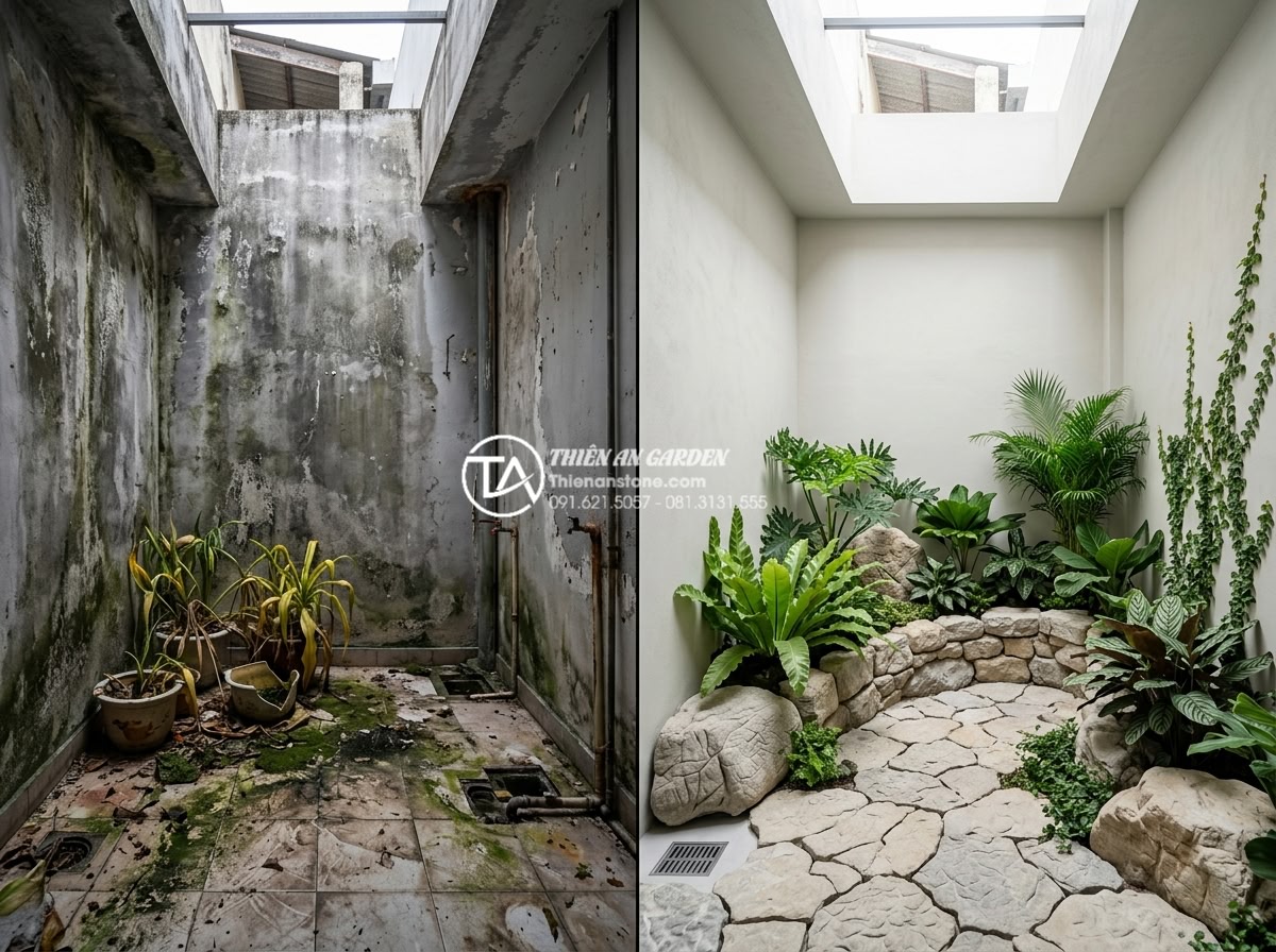 Quy trình chống thấm giếng trời triệt để tránh ẩm mốc tường - Before and after comparison of a skylight garden area: left side shows water dam