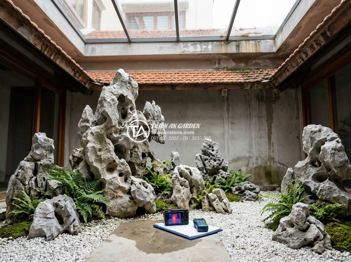 Quy trình chống thấm giếng trời triệt để tránh ẩm mốc tường - Engineer from Thien An Stone using thermal imaging camera and moisture meter to 