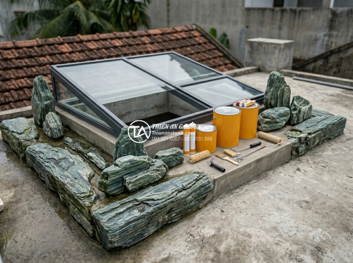 Quy trình chống thấm giếng trời triệt để tránh ẩm mốc tường - Premium waterproofing materials including Sika polyurethane membrane, epoxy prim
