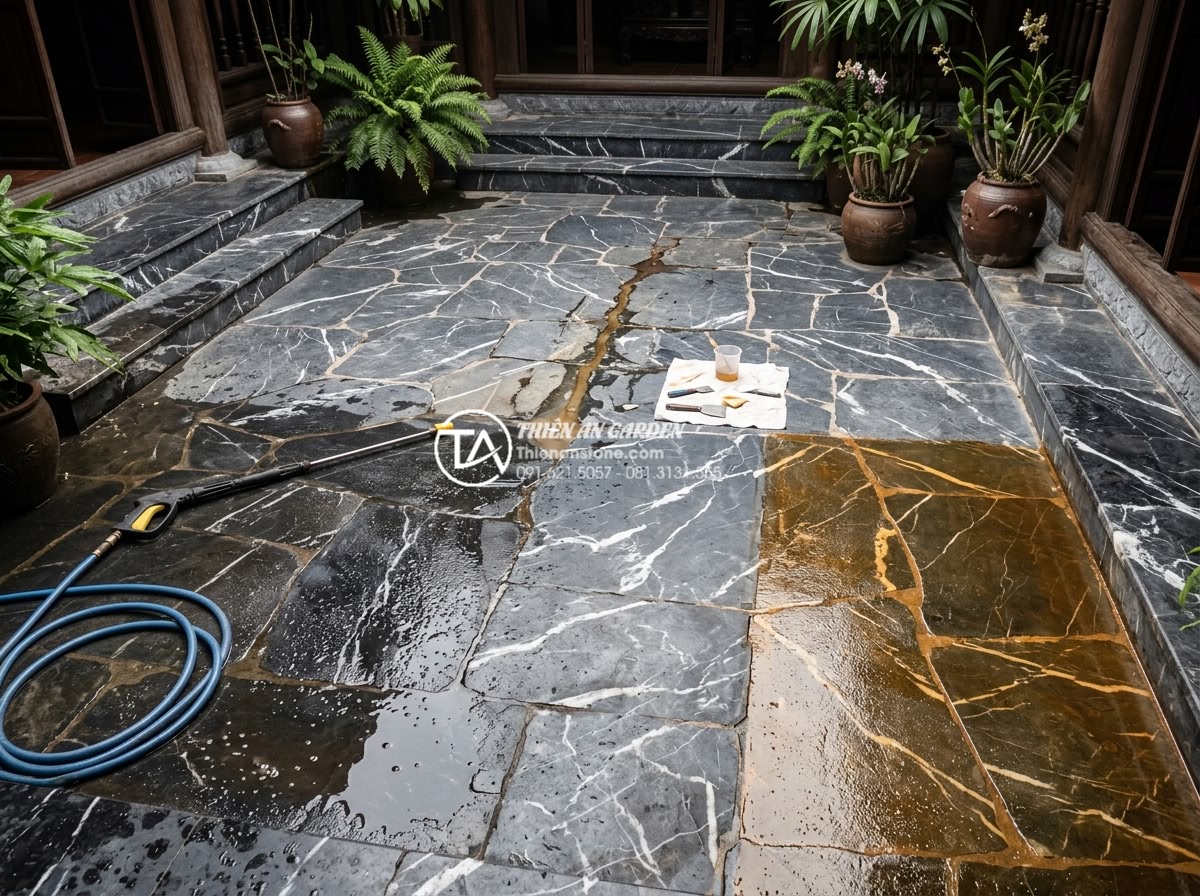 Quy trình chống thấm giếng trời triệt để tránh ẩm mốc tường - Thorough surface preparation process at a skylight courtyard: high-pressure clea