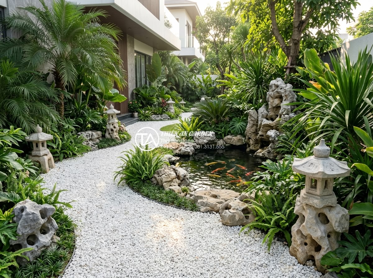 Review 5 loại sỏi quay trang trí tiểu cảnh trước nhà được ưa chuộng nhất - A stunning wide-angle professional photograph of a modern Vietnamese villa front