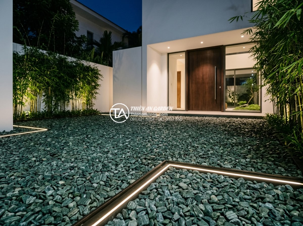 Review 5 loại sỏi quay trang trí tiểu cảnh trước nhà được ưa chuộng nhất - High-resolution architectural photograph of a contemporary Vietnamese villa entr