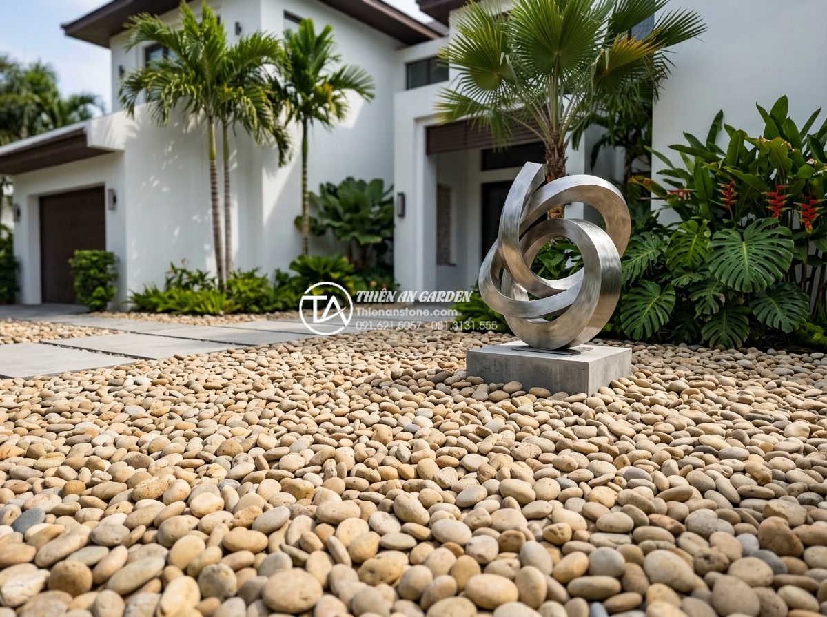 Review 5 loại sỏi quay trang trí tiểu cảnh trước nhà được ưa chuộng nhất - Vibrant professional photograph of a bold modern front yard landscape using rich