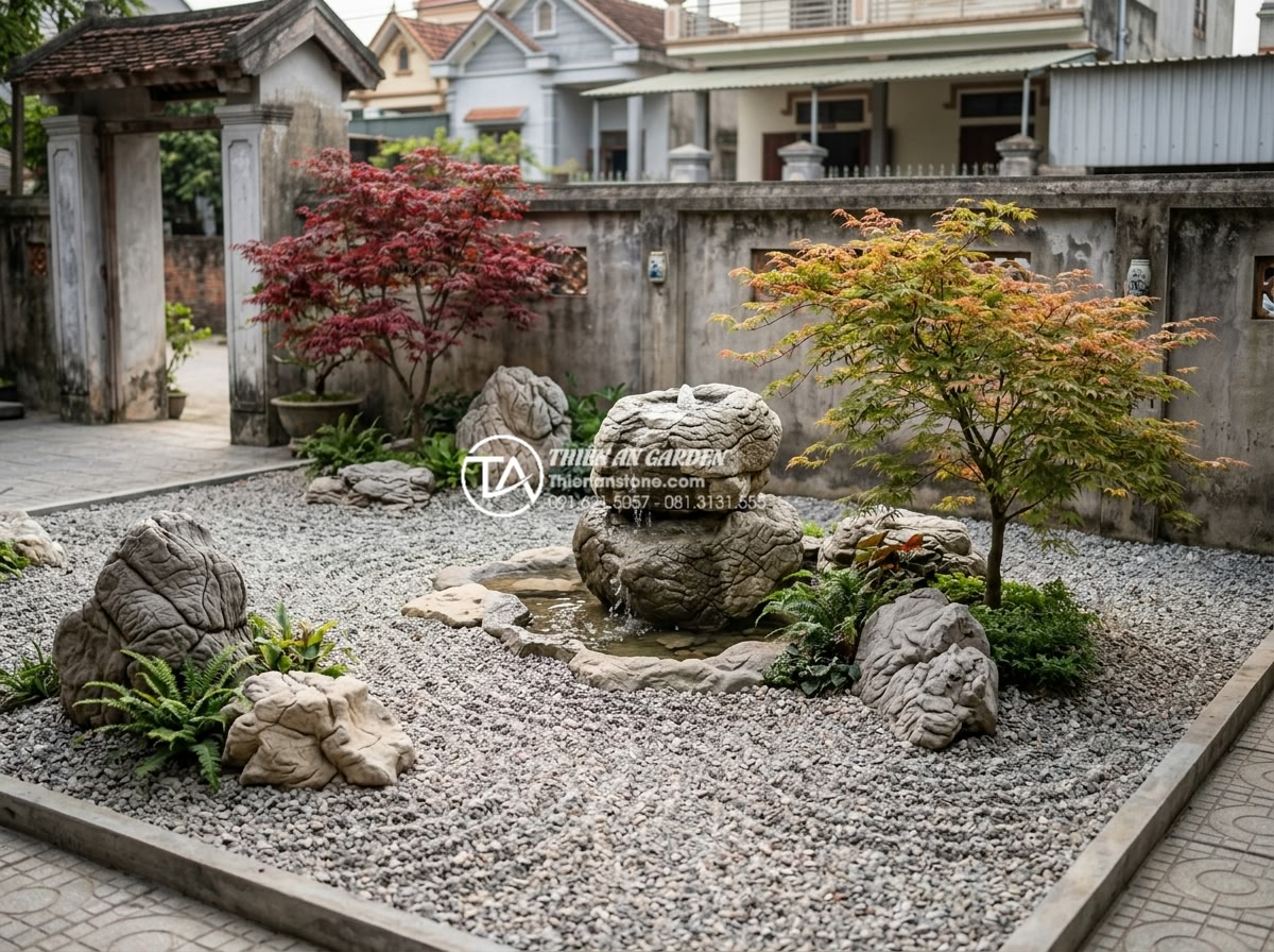 Review 5 loại sỏi quay trang trí tiểu cảnh trước nhà được ưa chuộng nhất - Artistic high-resolution photograph of a creative front yard zen garden using mu