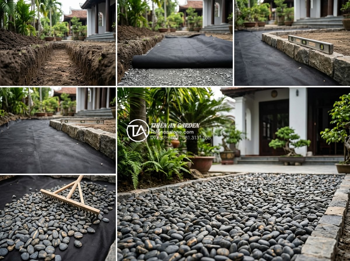 Review 5 loại sỏi quay trang trí tiểu cảnh trước nhà được ưa chuộng nhất - Step-by-step professional construction photography showing the proper installati