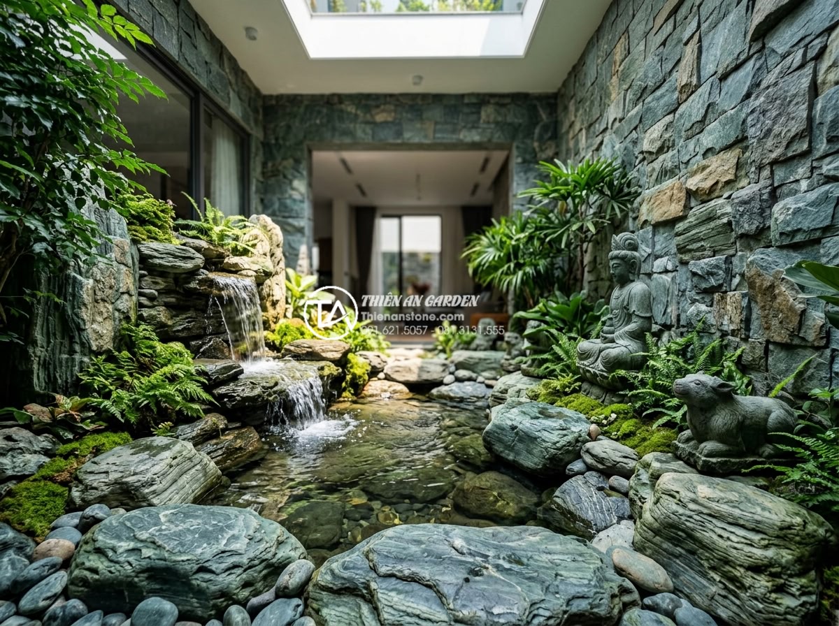 Review các đơn vị thi công tiểu cảnh giếng trời uy tín tại Hà Nội và TP.HCM - Hình 1 Review các đơn vị thi công tiểu cảnh giếng trời uy tín tại Hà Nội và TP.HCM - Beautiful skywell landscape featuring natural stone walls, cascading waterfall,