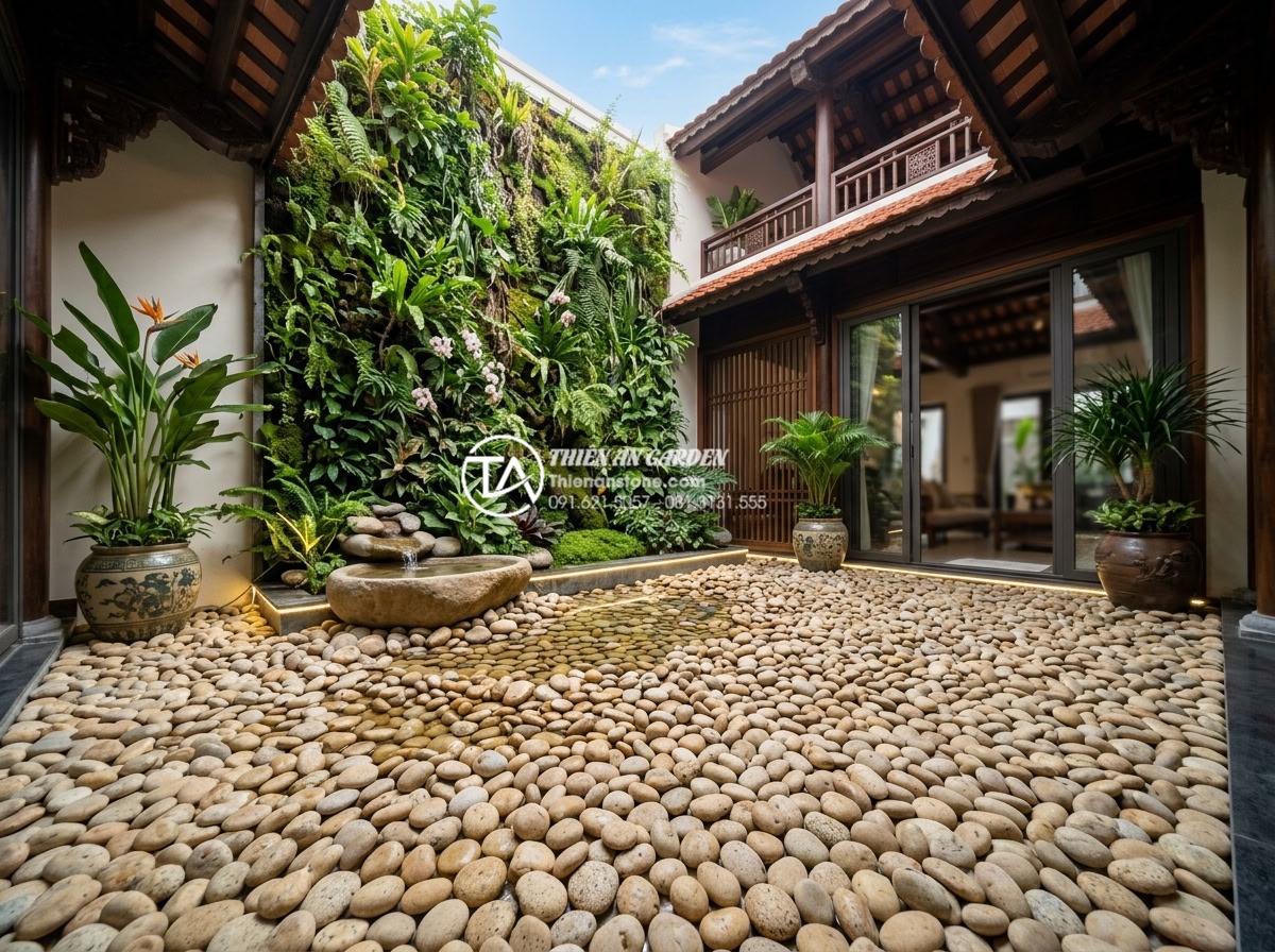 Review các đơn vị thi công tiểu cảnh giếng trời uy tín tại Hà Nội và TP.HCM - Hình 3 Review các đơn vị thi công tiểu cảnh giếng trời uy tín tại Hà Nội và TP.HCM - Luxurious skywell with polished natural stone flooring, vertical garden walls an