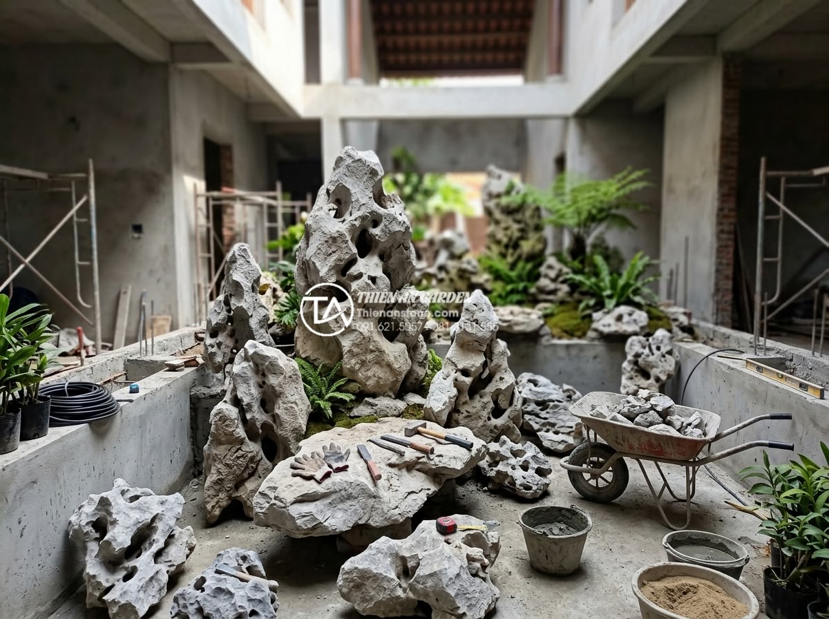 Review các đơn vị thi công tiểu cảnh giếng trời uy tín tại Hà Nội và TP.HCM - Hình 5 Review các đơn vị thi công tiểu cảnh giếng trời uy tín tại Hà Nội và TP.HCM - Professional team of stone artisans and landscape designers working on a skywell