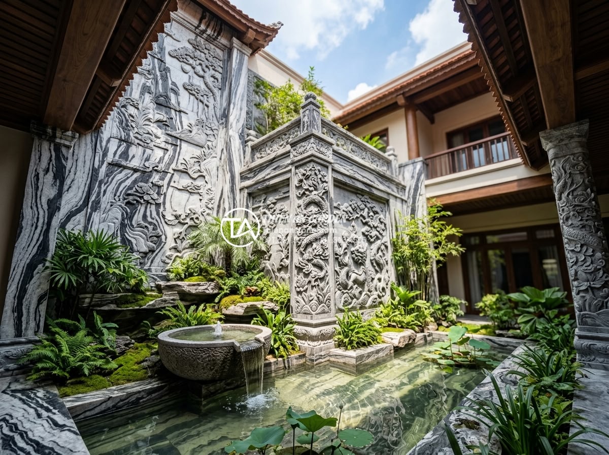 Review các đơn vị thi công tiểu cảnh giếng trời uy tín tại Hà Nội và TP.HCM - Hình 7 Review các đơn vị thi công tiểu cảnh giếng trời uy tín tại Hà Nội và TP.HCM - Stunning skywell project in Hanoi featuring intricate natural stone carvings, wa