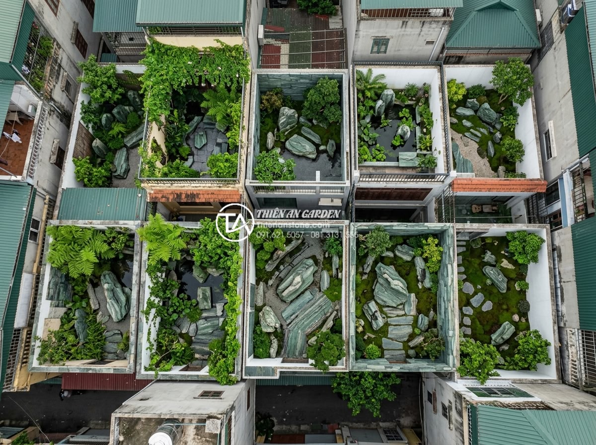 Review các đơn vị thi công tiểu cảnh giếng trời uy tín tại Hà Nội và TP.HCM - Hình 8 Review các đơn vị thi công tiểu cảnh giếng trời uy tín tại Hà Nội và TP.HCM - Aerial view of multiple completed skywell landscapes in different Hanoi neighbor