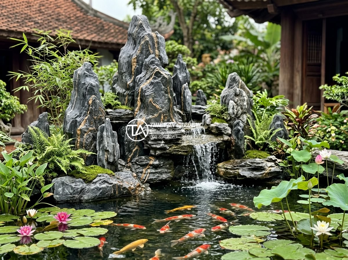 Review các mẫu tiểu cảnh sân sau được yêu thích nhất trên Pinterest - Detailed Pinterest Koi garden scene featuring layered natural stone non-bo, wate