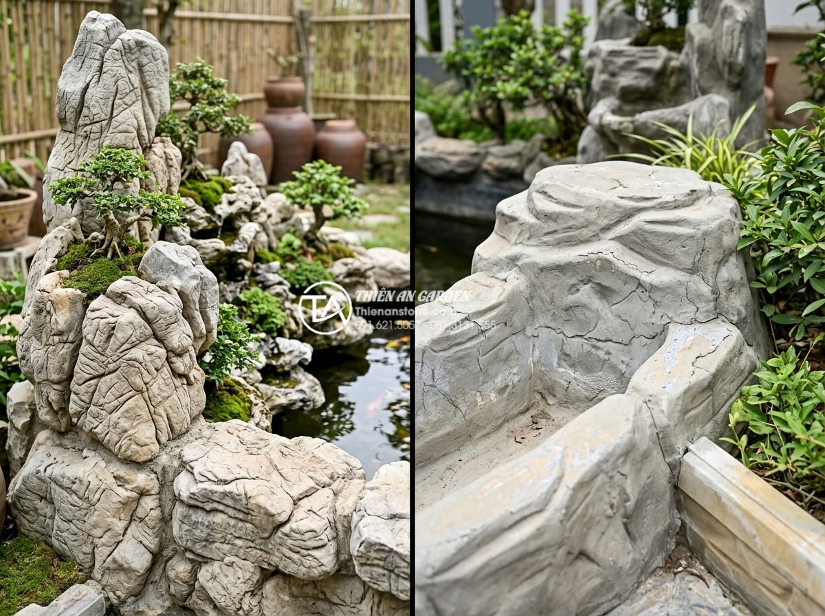 Review các mẫu tiểu cảnh sân sau được yêu thích nhất trên Pinterest - Pinterest comparison of natural stone backyard elements versus artificial materi