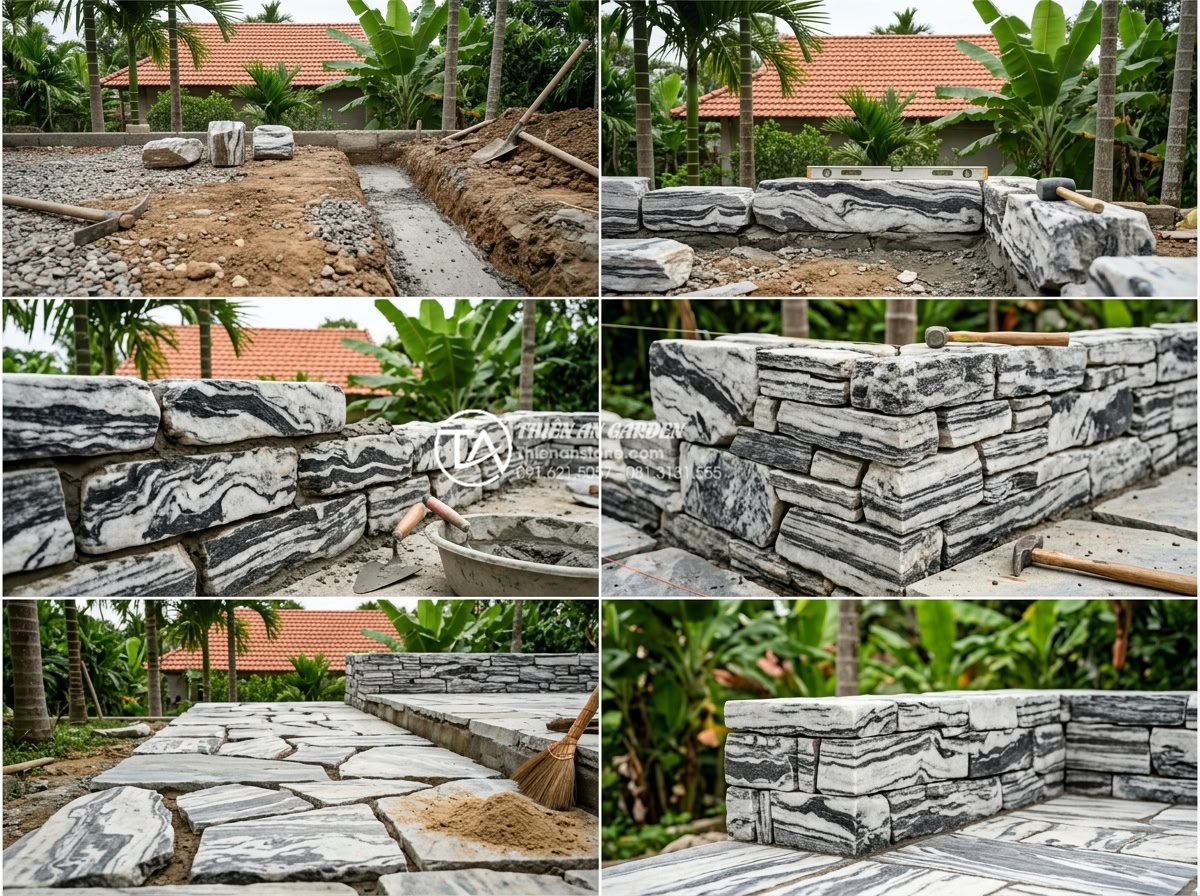 Review các mẫu tiểu cảnh sân sau được yêu thích nhất trên Pinterest - Pinterest detailed backyard stone construction process showing foundation, stone