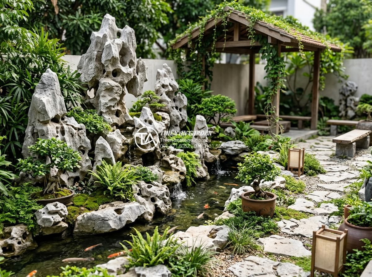 Review các mẫu tiểu cảnh sân sau được yêu thích nhất trên Pinterest - Detailed Pinterest popular natural stone backyard landscape featuring carved roc