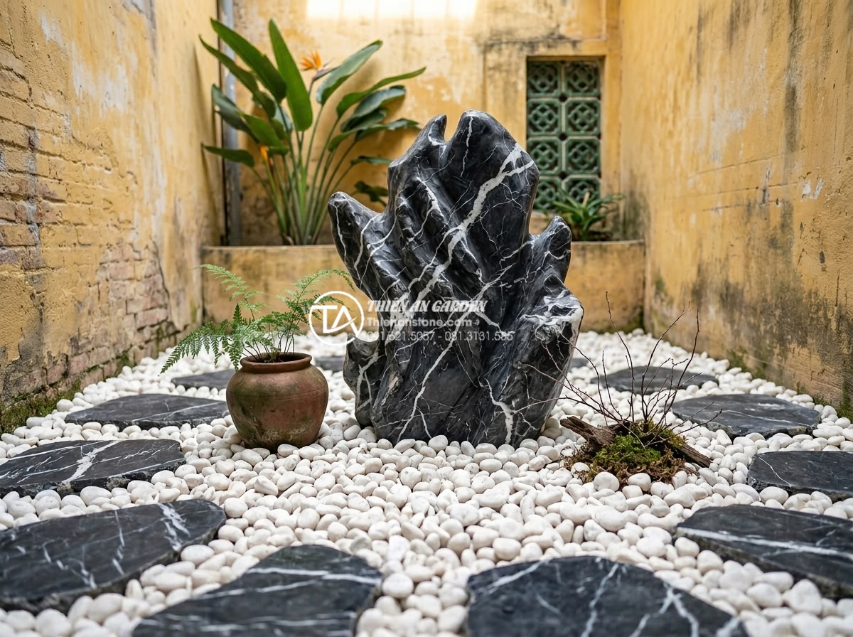 Sử dụng đá bước dặm và sỏi trắng trong trang trí tiểu cảnh giếng trời - Hình 10 Sử dụng đá bước dặm và sỏi trắng trong trang trí tiểu cảnh giếng trời - Minimalist zen garden elements featuring white pebbles and stone pavers in sky w
