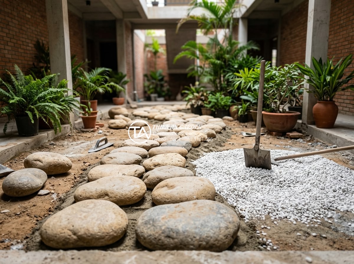 Sử dụng đá bước dặm và sỏi trắng trong trang trí tiểu cảnh giếng trời - Hình 11 Sử dụng đá bước dặm và sỏi trắng trong trang trí tiểu cảnh giếng trời - Professional construction process of installing stepping stones and pouring whit
