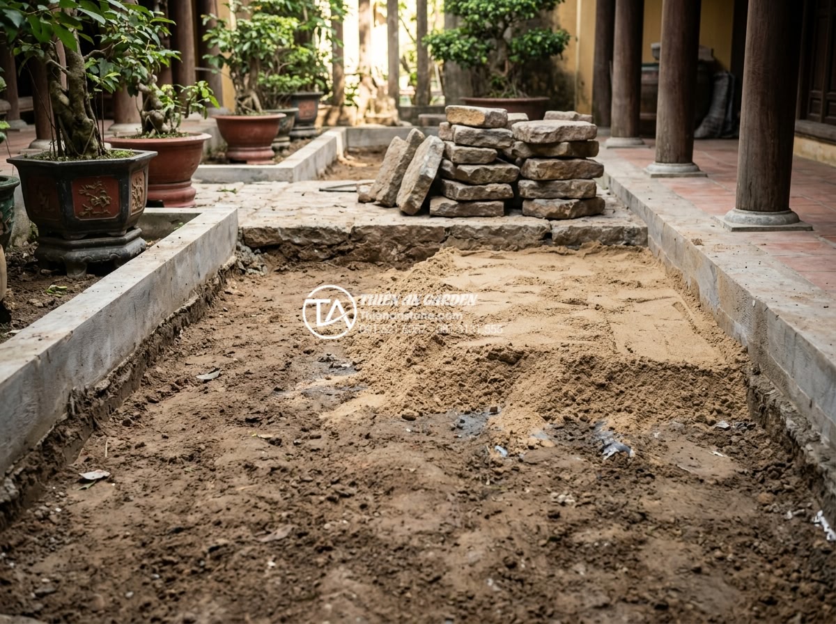 Sử dụng đá bước dặm và sỏi trắng trong trang trí tiểu cảnh giếng trời - Hình 12 Sử dụng đá bước dặm và sỏi trắng trong trang trí tiểu cảnh giếng trời - Step-by-step installation of natural stone pavers surrounded by white decorative