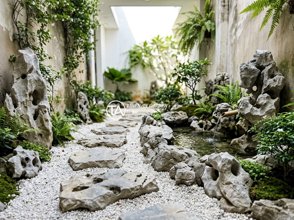 Sử dụng đá bước dặm và sỏi trắng trong trang trí tiểu cảnh giếng trời - Hình 13 Sử dụng đá bước dặm và sỏi trắng trong trang trí tiểu cảnh giếng trời - Stepping stones and white gravel integrated with small water feature in bright s