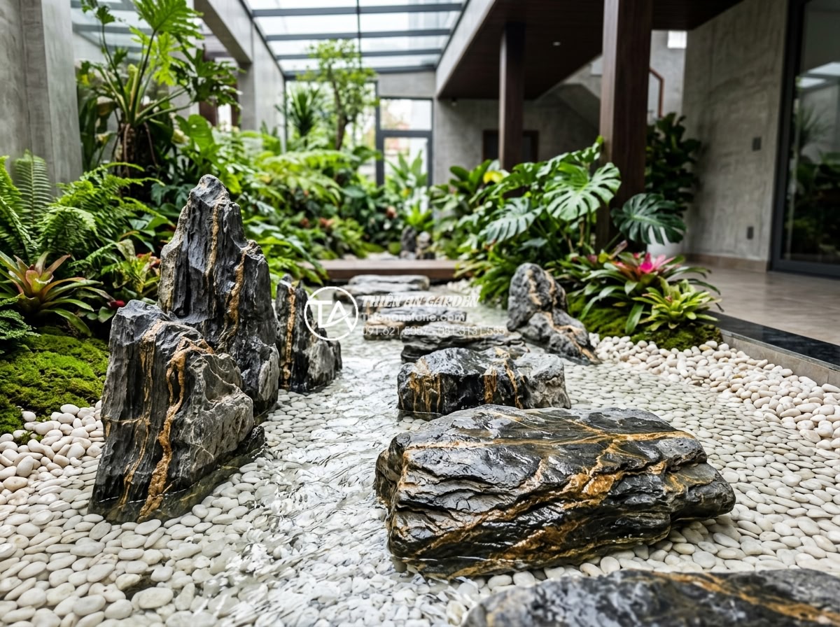 Sử dụng đá bước dặm và sỏi trắng trong trang trí tiểu cảnh giếng trời - Hình 14 Sử dụng đá bước dặm và sỏi trắng trong trang trí tiểu cảnh giếng trời - Water element flowing over white pebbles near natural stepping stones in modern