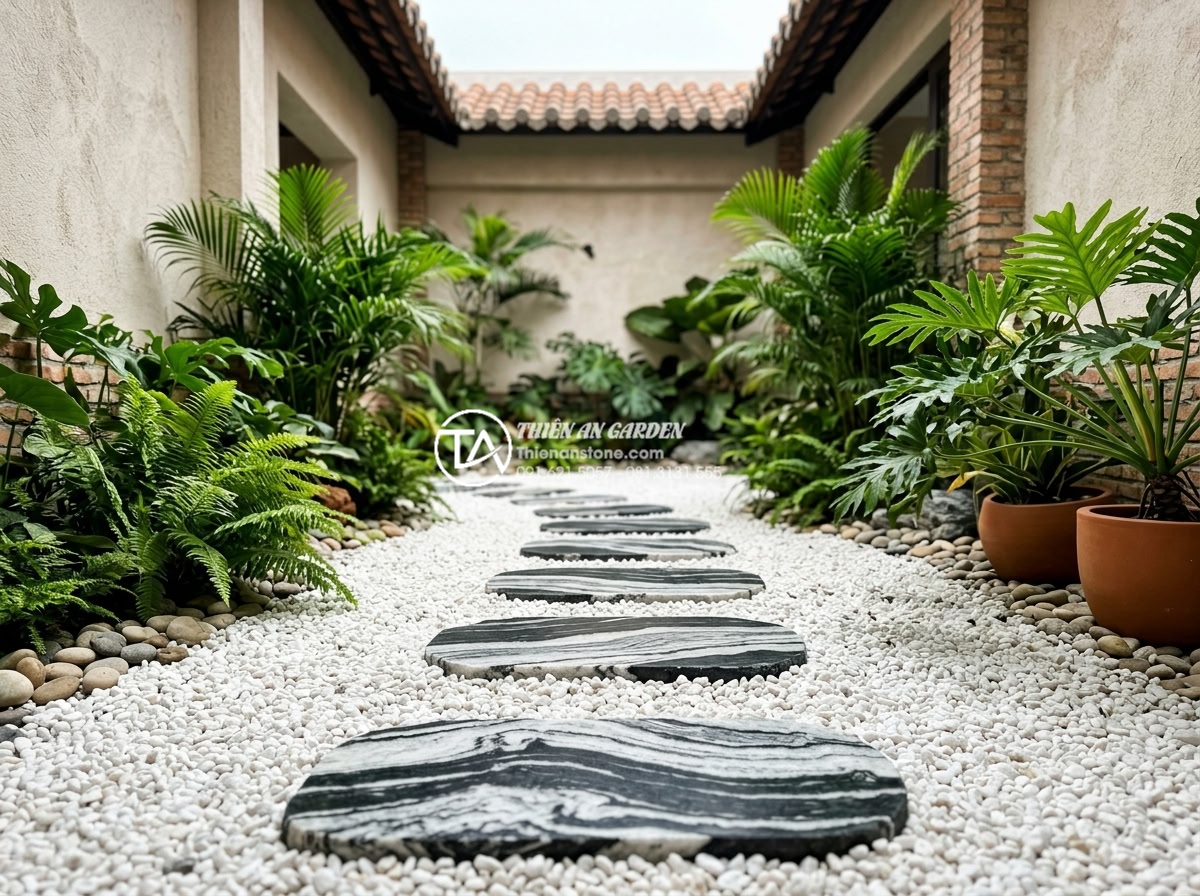 Sử dụng đá bước dặm và sỏi trắng trong trang trí tiểu cảnh giếng trời - Hình 15 Sử dụng đá bước dặm và sỏi trắng trong trang trí tiểu cảnh giếng trời - Maintenance tips illustration with clean white gravel and well-kept stepping sto