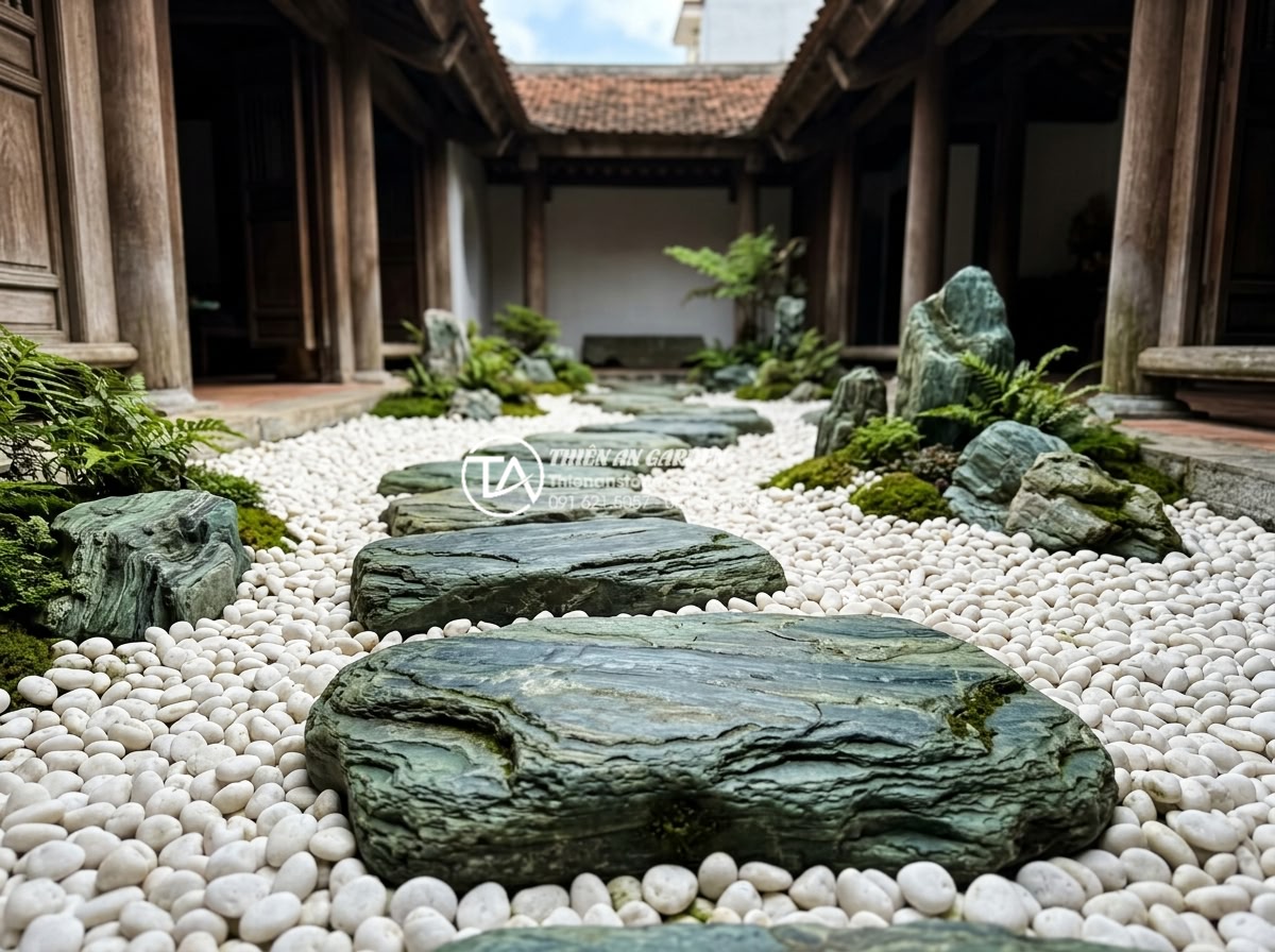 Sử dụng đá bước dặm và sỏi trắng trong trang trí tiểu cảnh giếng trời - Hình 16 Sử dụng đá bước dặm và sỏi trắng trong trang trí tiểu cảnh giếng trời - Long-term preserved skywell landscape with pristine stepping stones and white pe