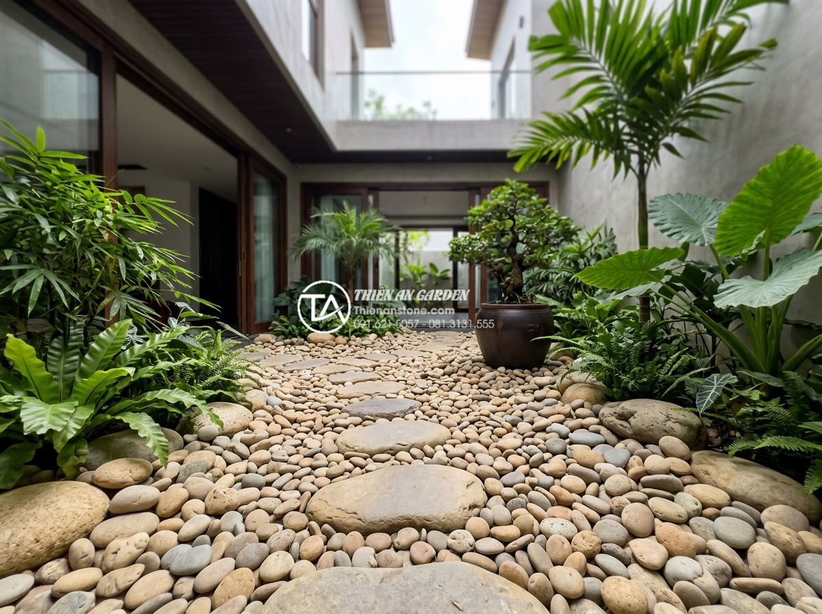 Sử dụng đá bước dặm và sỏi trắng trong trang trí tiểu cảnh giếng trời - Hình 18 Sử dụng đá bước dặm và sỏi trắng trong trang trí tiểu cảnh giếng trời - Completed luxurious skywell garden by stone experts featuring natural stones and