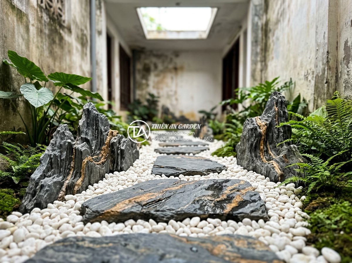 Sử dụng đá bước dặm và sỏi trắng trong trang trí tiểu cảnh giếng trời - Hình 7 Sử dụng đá bước dặm và sỏi trắng trong trang trí tiểu cảnh giếng trời - Harmony of flat stepping stones and clean white pebbles forming a balanced garde