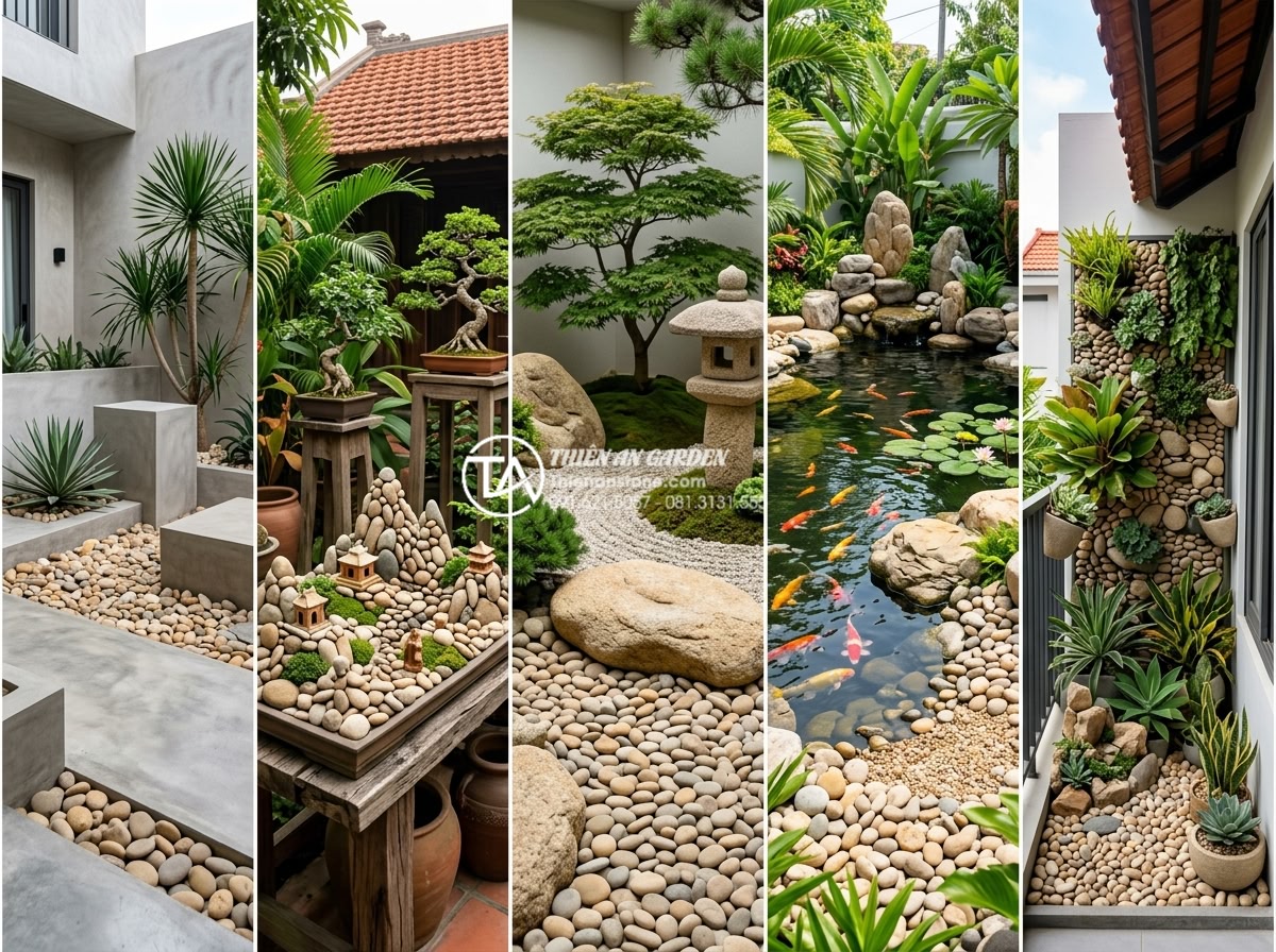 Sử dụng hòn non bộ mini làm điểm nhấn cho góc sân sau nhà cấp 4 - Collage of five most popular mini non-bo designs for 2026 in Vietnamese level 4 