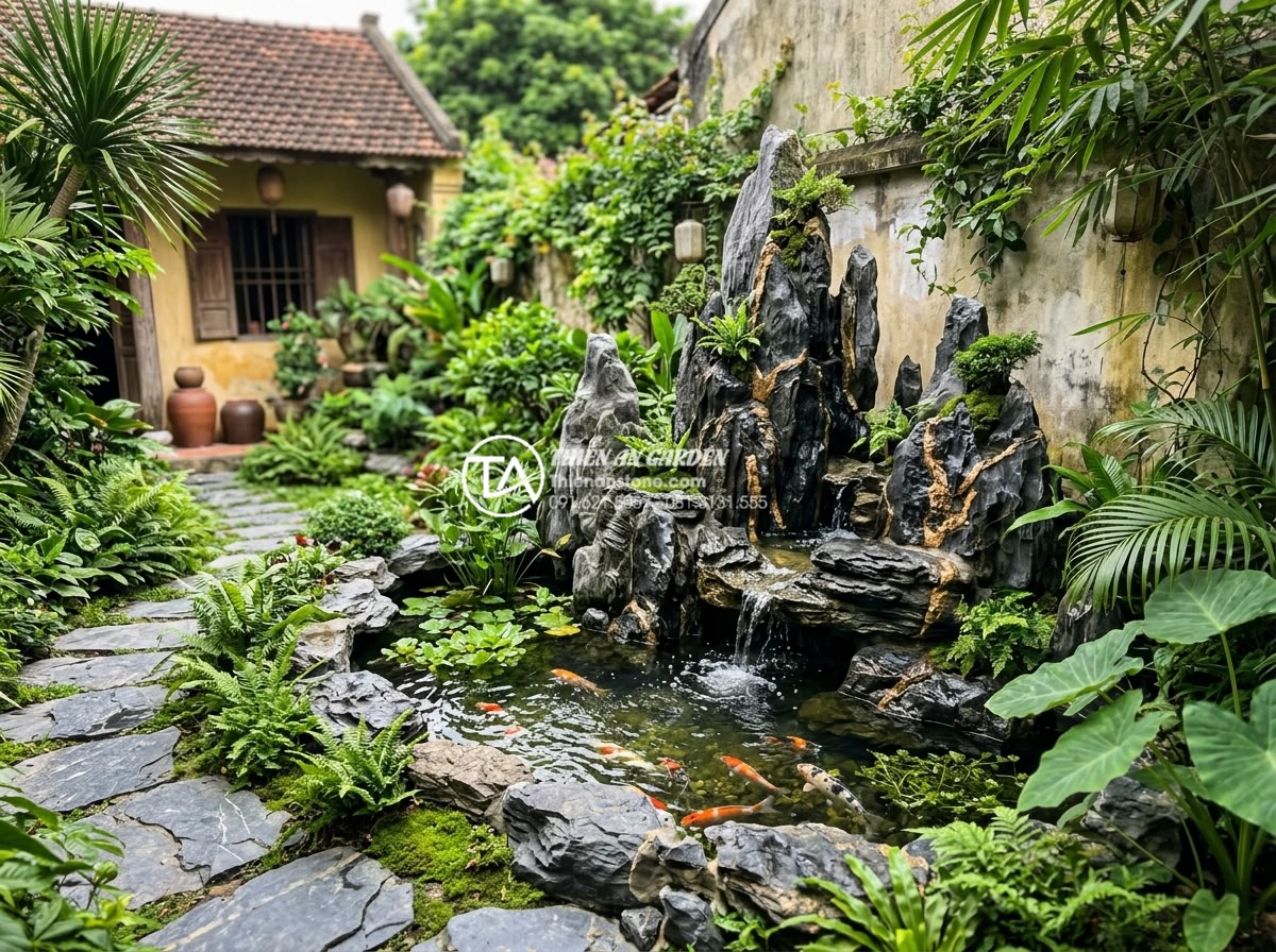 Sử dụng hòn non bộ mini làm điểm nhấn cho góc sân sau nhà cấp 4 - Beautiful integrated garden scene showing mini non-bo combined with small Koi po