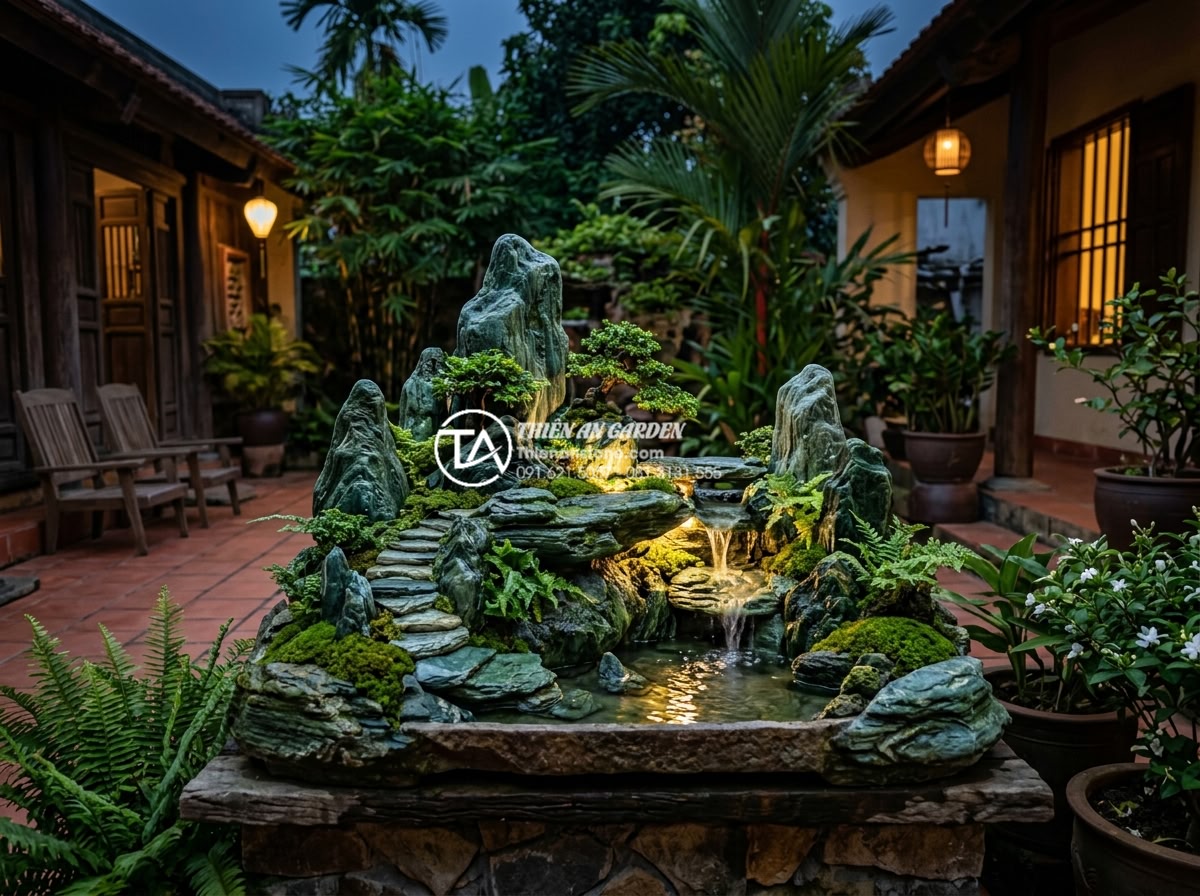 Sử dụng hòn non bộ mini làm điểm nhấn cho góc sân sau nhà cấp 4 - Serene evening scene of mini non-bo in Vietnamese level 4 backyard with soft LED