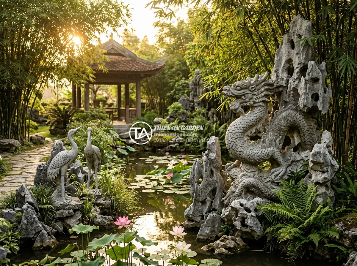 Sự kết hợp hoàn hảo giữa đá điêu khắc và cây xanh trong tiểu cảnh sân vườn - A highly detailed realistic photograph of a traditional Vietnamese garden landsc
