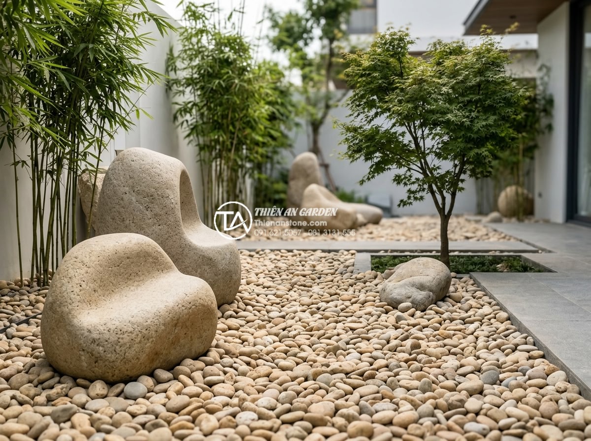 Sự kết hợp hoàn hảo giữa đá điêu khắc và cây xanh trong tiểu cảnh sân vườn - Modern minimalist Vietnamese garden design photograph featuring large abstract g