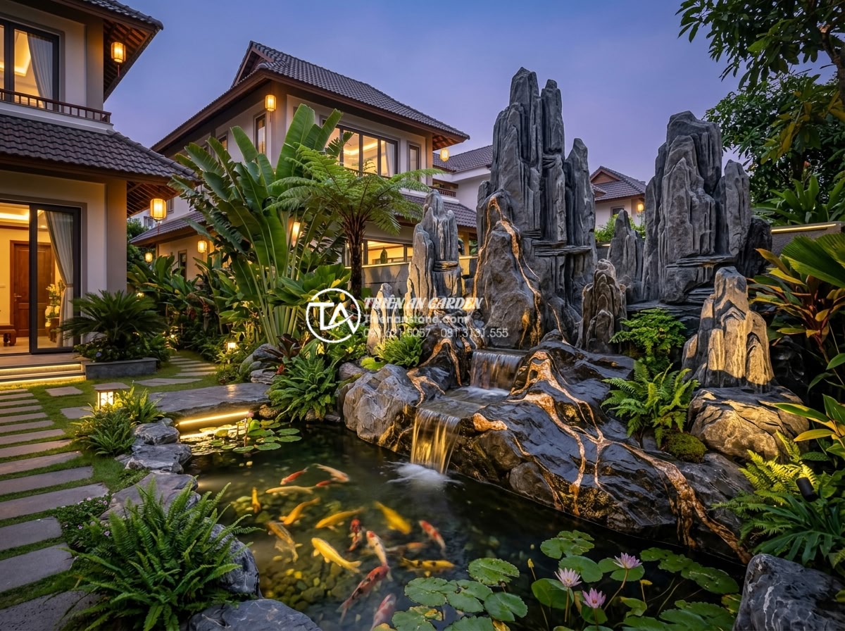 Sự kết hợp hoàn hảo giữa đá điêu khắc và cây xanh trong tiểu cảnh sân vườn - Luxury real estate photograph of a high-end Vietnamese villa backyard featuring 