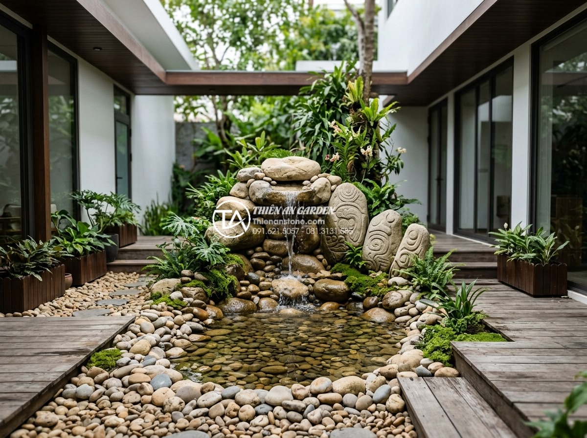Sự kết hợp hoàn hảo giữa đá mỹ nghệ và nước trong tiểu cảnh giếng trời - A serene Vietnamese skylight courtyard featuring natural stone carvings and a ge