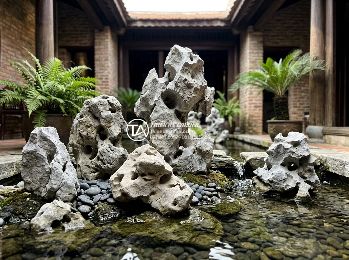 Sự kết hợp hoàn hảo giữa đá mỹ nghệ và nước trong tiểu cảnh giếng trời - Selection of premium natural art stones specifically chosen for water-integrated