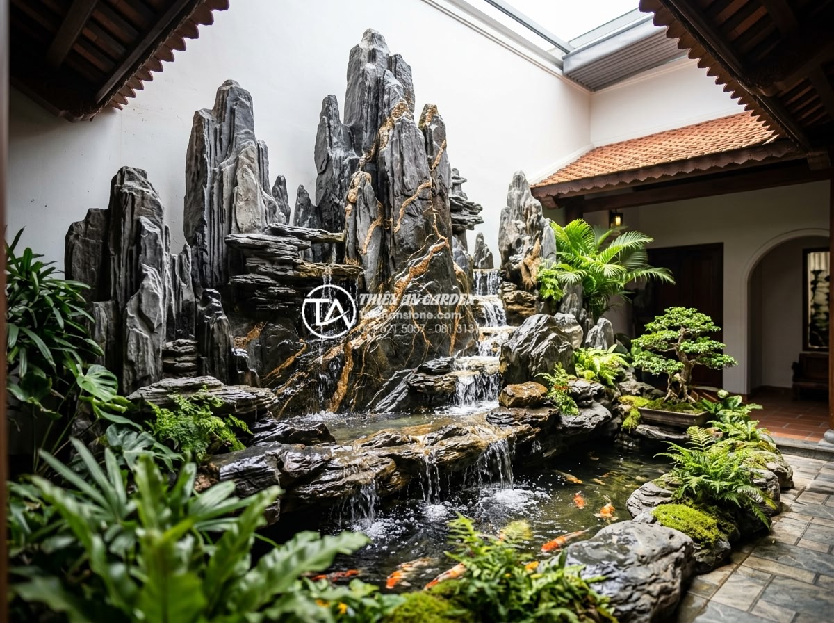 Sự kết hợp hoàn hảo giữa đá mỹ nghệ và nước trong tiểu cảnh giếng trời - Multi-tiered waterfall made from carved natural art stone in a bright open skyli