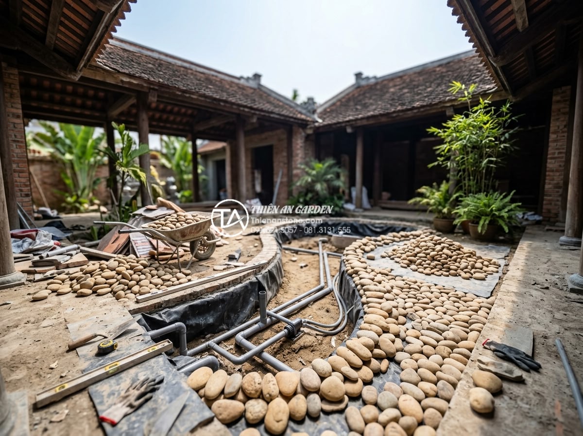 Sự kết hợp hoàn hảo giữa đá mỹ nghệ và nước trong tiểu cảnh giếng trời - Professional construction process of a stone and water skylight courtyard, showi