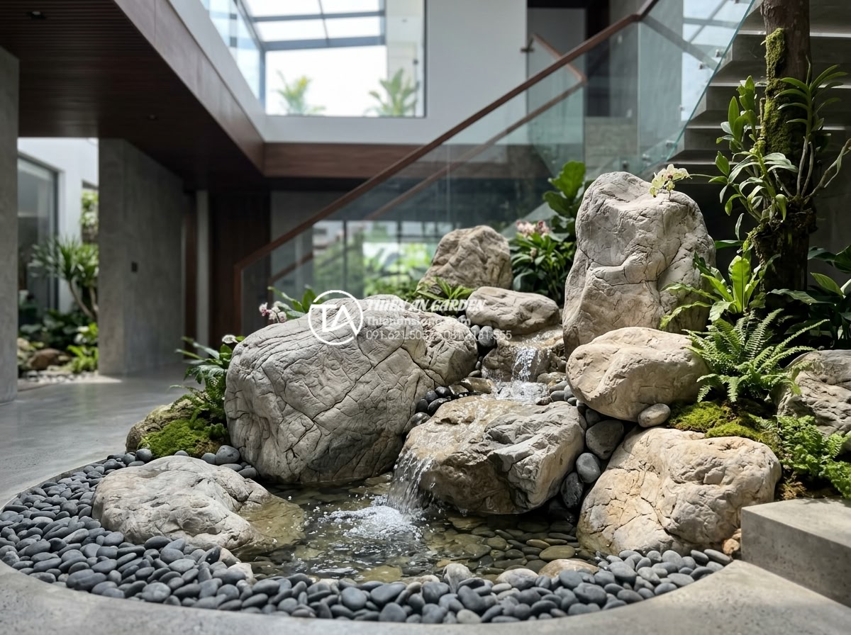 Sự kết hợp hoàn hảo giữa đá mỹ nghệ và nước trong tiểu cảnh giếng trời - Completed professional installation of a luxurious water and natural stone featu